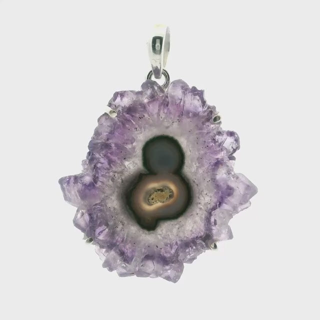 Amethyst Stalactite Slice Pendant - Round Stalactite with Large Points & Mother & Child in Center Prong Set in Simple 925 Sterling Silver