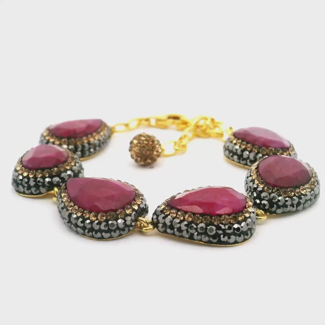 Ruby Link Bracelet - 6 Pear Links Surrounded by Marcasite & Gold Swarovski Crystals with Gold Vermeil over 925 Sterling Silver