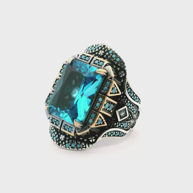 Blue Topaz Ring - Faceted Rectangle with Turquoise Nanostones & 2 Blue Topaz Squares Prong Set in 925 Sterling Silver with Gold Vermeil & Beaded Turquoise Accents sz11