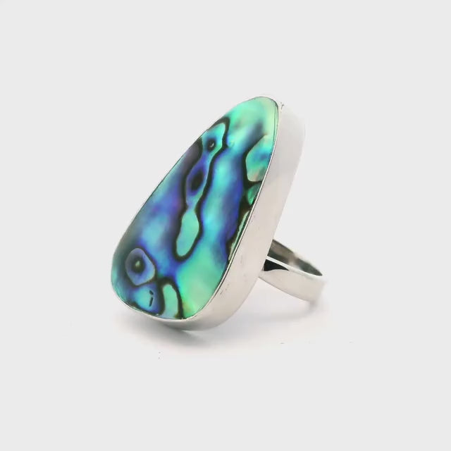 Abalone Shell Ring - Rounded Triangular Cabochon Bezel Set in Simple 925 Sterling Silver szAdj