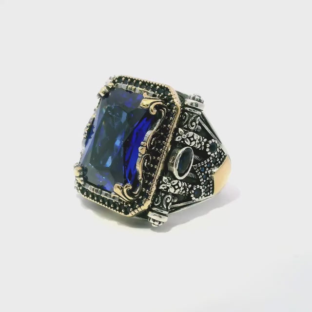 Sapphire Ring - Faceted Rectangle with Single Row Pave Sapphire Nanostones & 2 Faceted Sapphire Side Ovals & Scroll Accents Fancy Prong Set in 925 Sterling Silver with Gold Vermeil Accents sz10.5