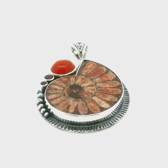 Ammonite Fossil Pendant - Open Ammonite Cross-section Inlaid with Sunstone with Carnelian Cabochon & 2 Dainty Faceted Garnets Bezel Set in 925 Sterling Silver with Bead and Line Accents