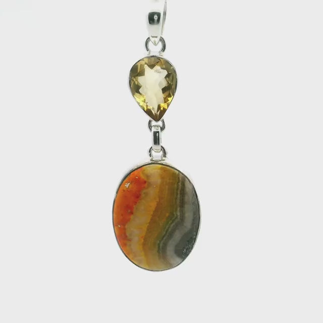 Bumblebee Jasper Pendant - Oval Cabochon Below Inverted Faceted Citrine Teardrop Bezel Set in 925 Sterling Silver