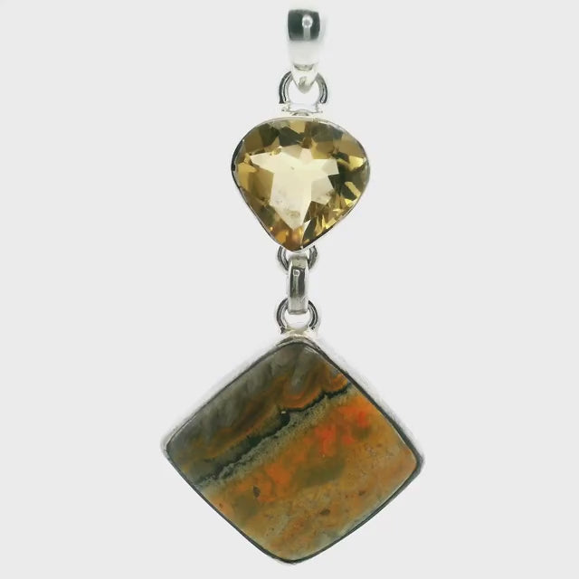 Bumblebee Jasper Pendant - Square Cabochon Below Faceted Citrine Bezel Set in 925 Sterling Silver