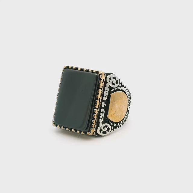 Hematite Ring - Rectangle Flat in Designer Sawtooth Setting with Gold Vermeil Moon Details in 925 Sterling Silver sz10