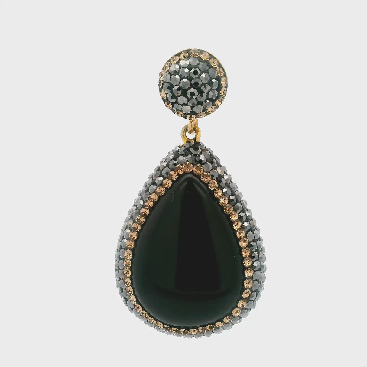 Pendentif Onyx noir - Cabochon goutte avec bélière en marcassite et cristaux dorés