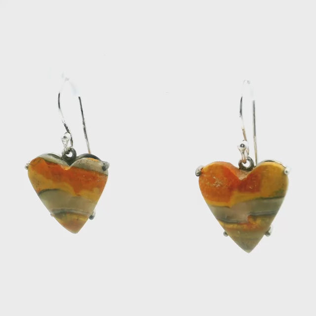 Bumblebee Jasper Dangle Earrings - Heart Cabochon with Horizontal Orange & Yellow & Gray Banding Prong Set in 925 Sterling Silver