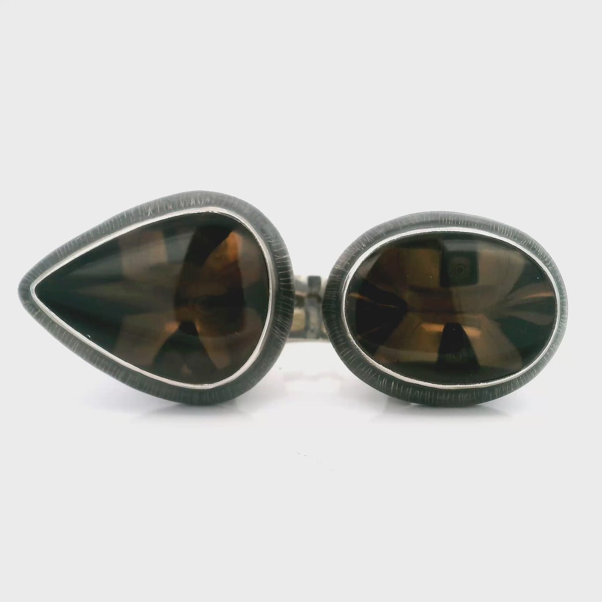 Smoky Quartz Ring with Oval & Pear Duo Bezel Set Set East-West on Oxidized 925 Sterling Silver Design - Double Trouble-