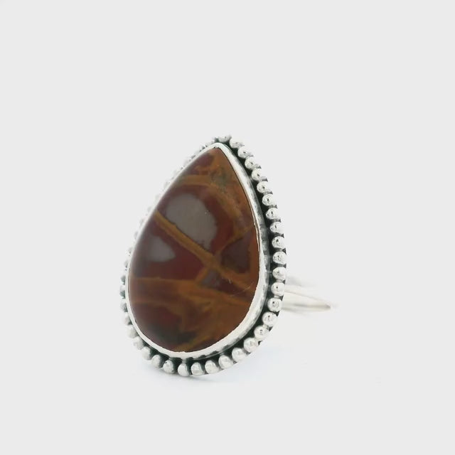 Noreena Jasper Ring - Pear Cabochon with Red & Golden Veining Bezel Set with Beaded Detail in 925 Sterling Silver sz7