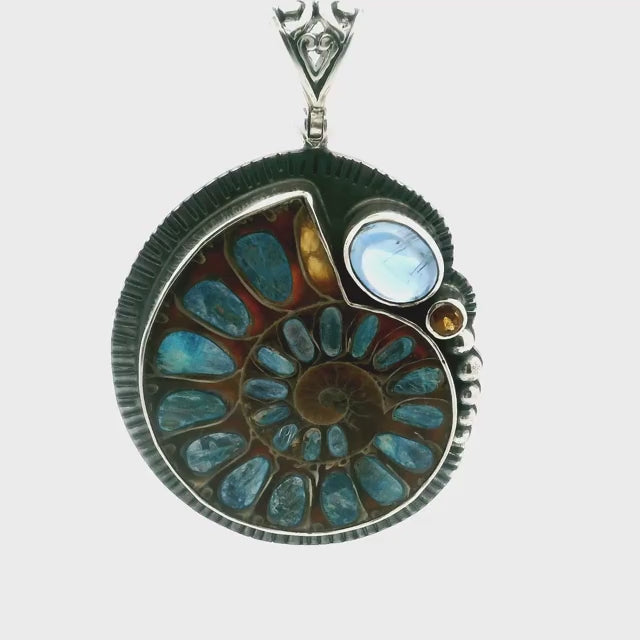 Ammonite Fossil Pendant - Open Ammonite Cross-section Inlaid with Kyanite with Kyanite Oval Cabochon and Faceted Citrine Round Bezel Set in 925 Sterling Silver with Bead & Line Accents