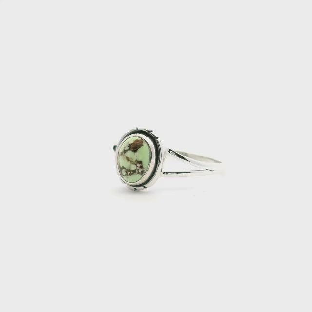 Lemon Chrysoprase Ring - Oval Cabochon with Dark Brown Inclusions Bezel Set with Line Accents on Double Band in 925 Sterling Silver sz9