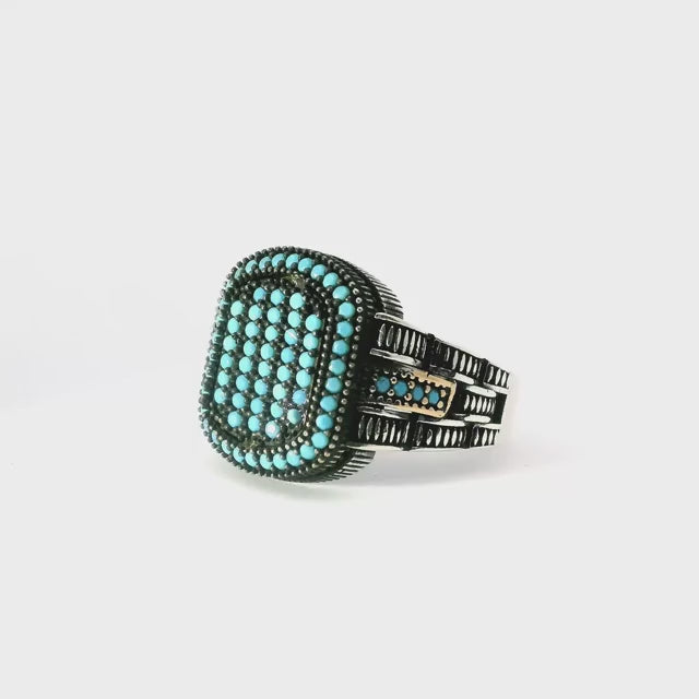 Turquoise Nanostone Ring - Multiple Turquoise Nanostones Surrounded by Single Row Pave Turquoise Nanostones with Gold Vermeil Accents in 925 Sterling Silver sz11