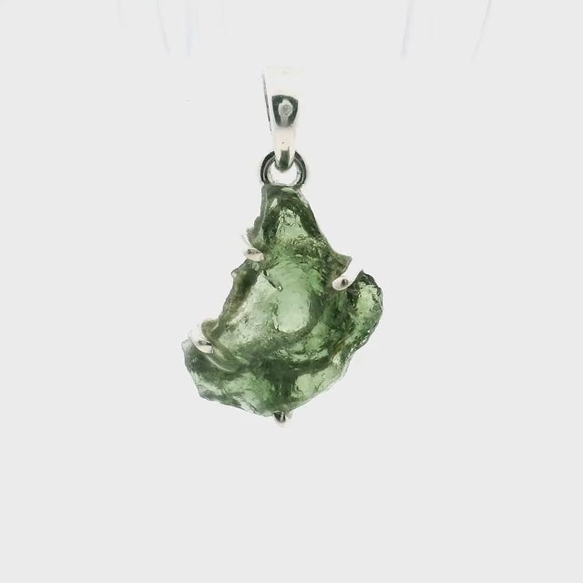 Moldavite Pendant - Backwards C Freeform Prong Set in 925 Sterling Silver
