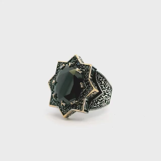 Black Onyx Ring - Faceted Oval Prong Set in Star Design with Single Row Pave Black Nanostones & Side Swirl & Bead Details in Gold Vermeil with 925 Sterling Silver sz11.5