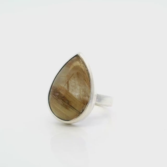 Golden Rutilated Quartz Ring - Pear Cabochon with Thick Gold Rutile on Bottom Half Bezel Set in Simple 925 Sterling Silver sz10