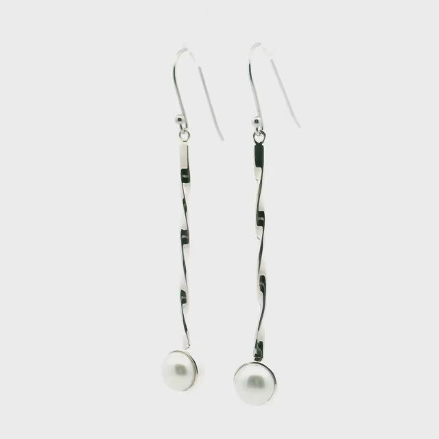 Freshwater Pearl Dangle Earrings - Round Pearl Bezel Set in 925 Sterling Silver at End of 2" Silver Twisted Rod