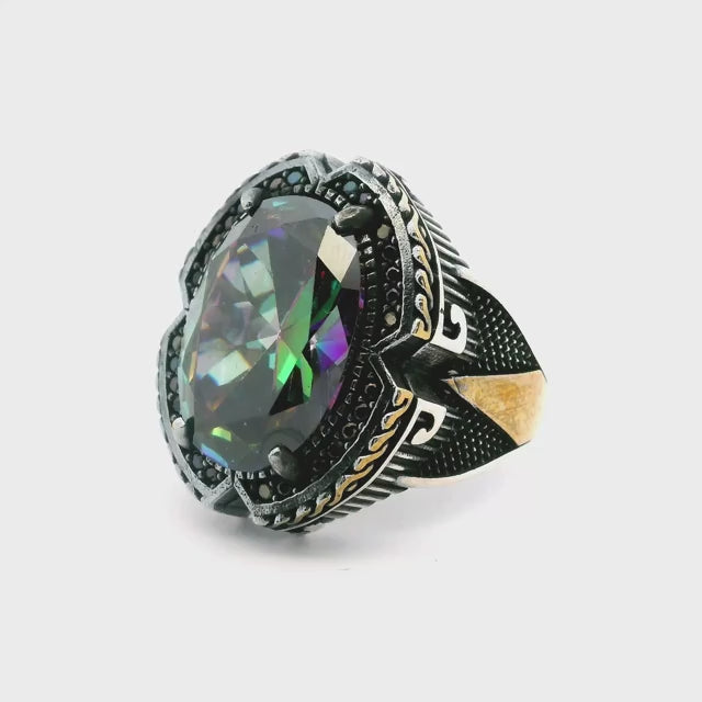 Mystic Topaz Ring - Faceted Oval with Pave Black Nanostones & Triangular Notches Prong Set in 925 Sterling Silver with Gold Vermeil Rope Accent sz10.5