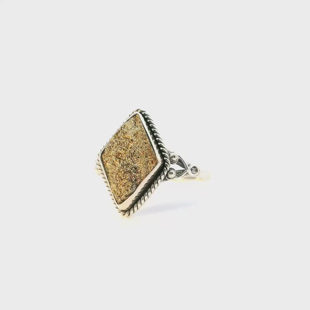 Specular Pyrite Ring - Diamond-Shape with Dual Shades of Light & Dark Gold Bezel Set with Rope Detail & Side Wishbone Design in 925 Sterling Silver sz10