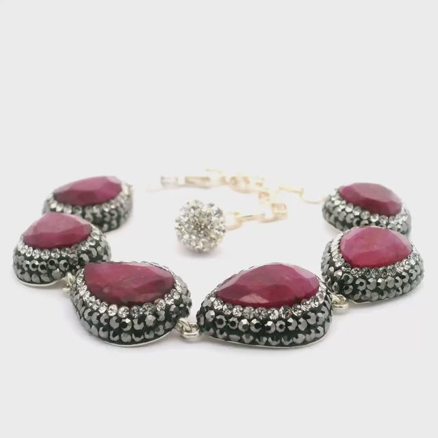 Ruby Link Bracelet - 6 Pear Links Surrounded by Marcasite & Silver Swarovski Crystals in 925 Sterling Silver