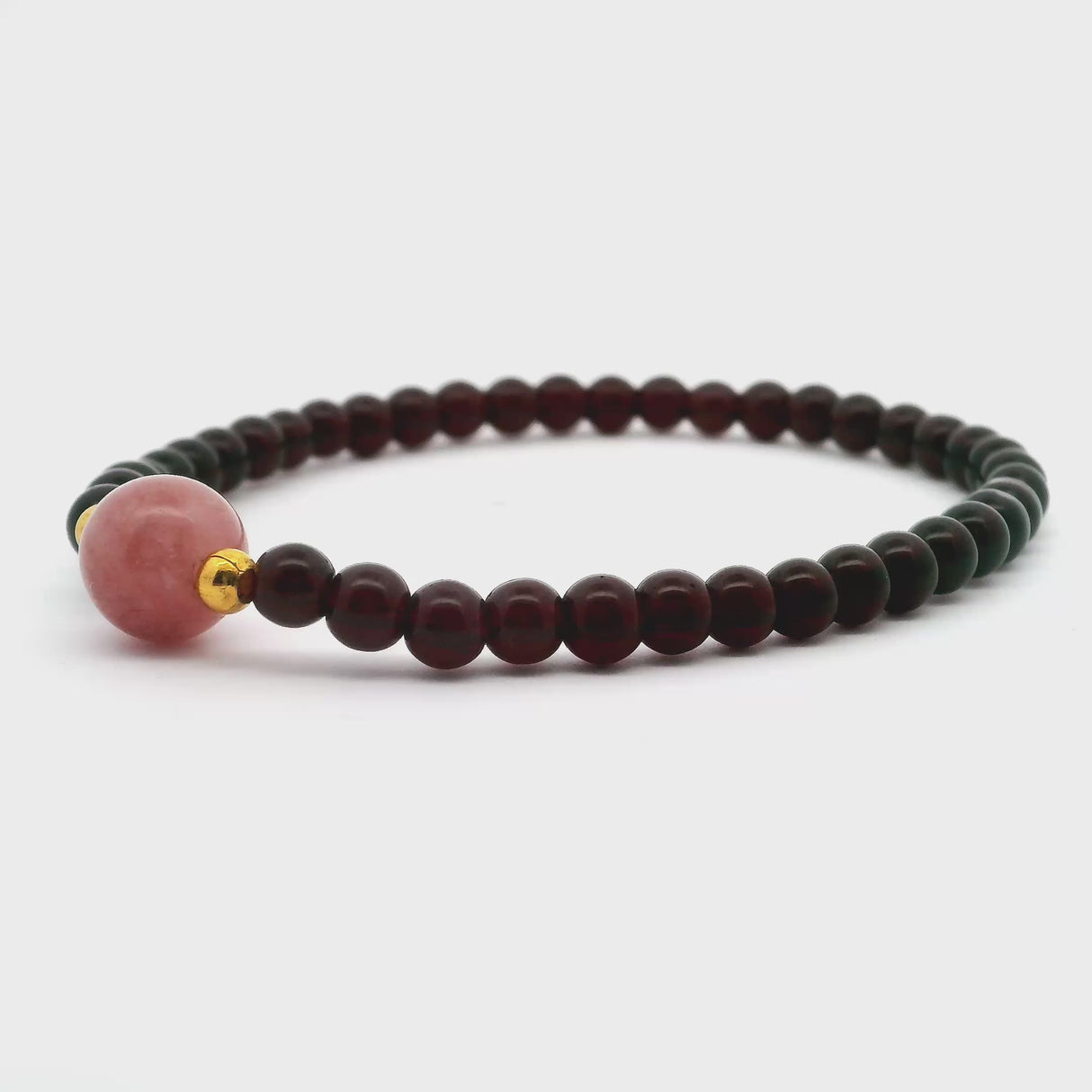 Garnet Beaded Bracelet 4mm Rounds with 8mm Rose Quartz Round Focal Bead