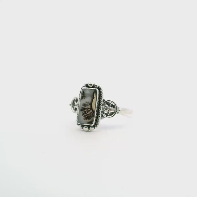 Dendritic Agate Ring - Rectangle Cabochon with Dark Brown Dendrites & Rope & Beaded Detail Bezel Set in 925 Sterling Silver sz10