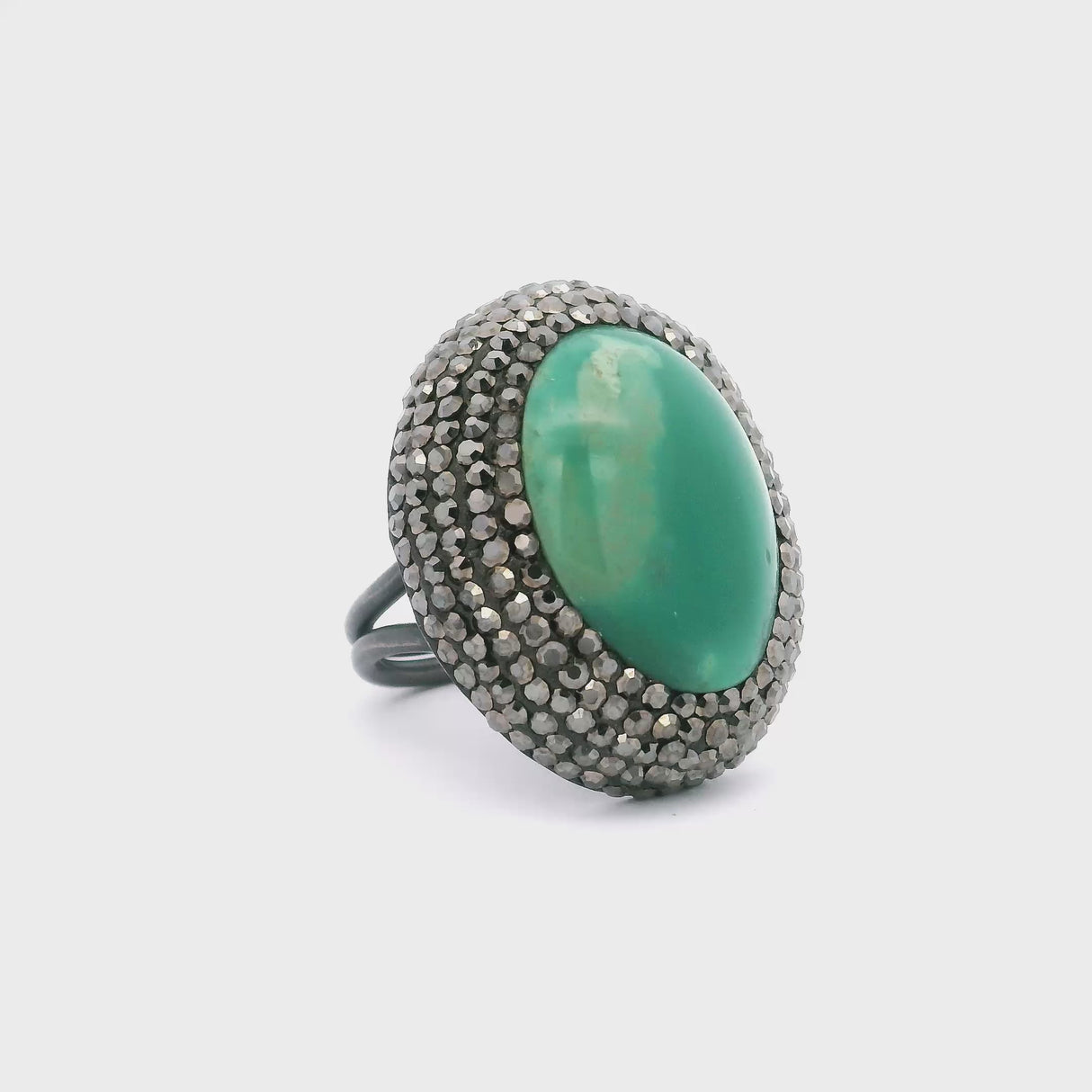 Persian Turquoise Ring -Gemmy Teal Blue Oval With Marcasite & Adjustable Double Band