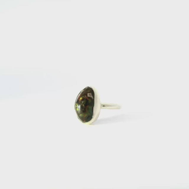 Mexican Fire Agate Ring - D-Shaped Freeform Nugget with Green Internal Bubbles Bezel Set in Simple 925 Sterling Silver sz5