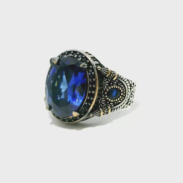 Sapphire Ring - Faceted Oval with Single Row Pave Sapphire Nanostones & 2 Faceted Sapphire Side Ovals Prong Set in 925 Sterling Silver with Gold Vermeil Accents sz10.25