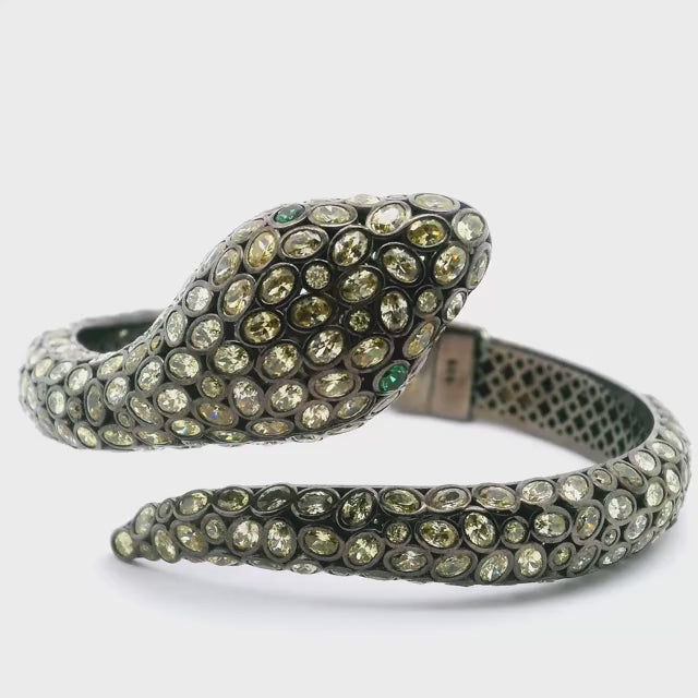 Nano Stone Hinged Bracelet - Wrap-Around Light Green Snake with Green Eye & Dark Overlay over 925 Sterling Silver