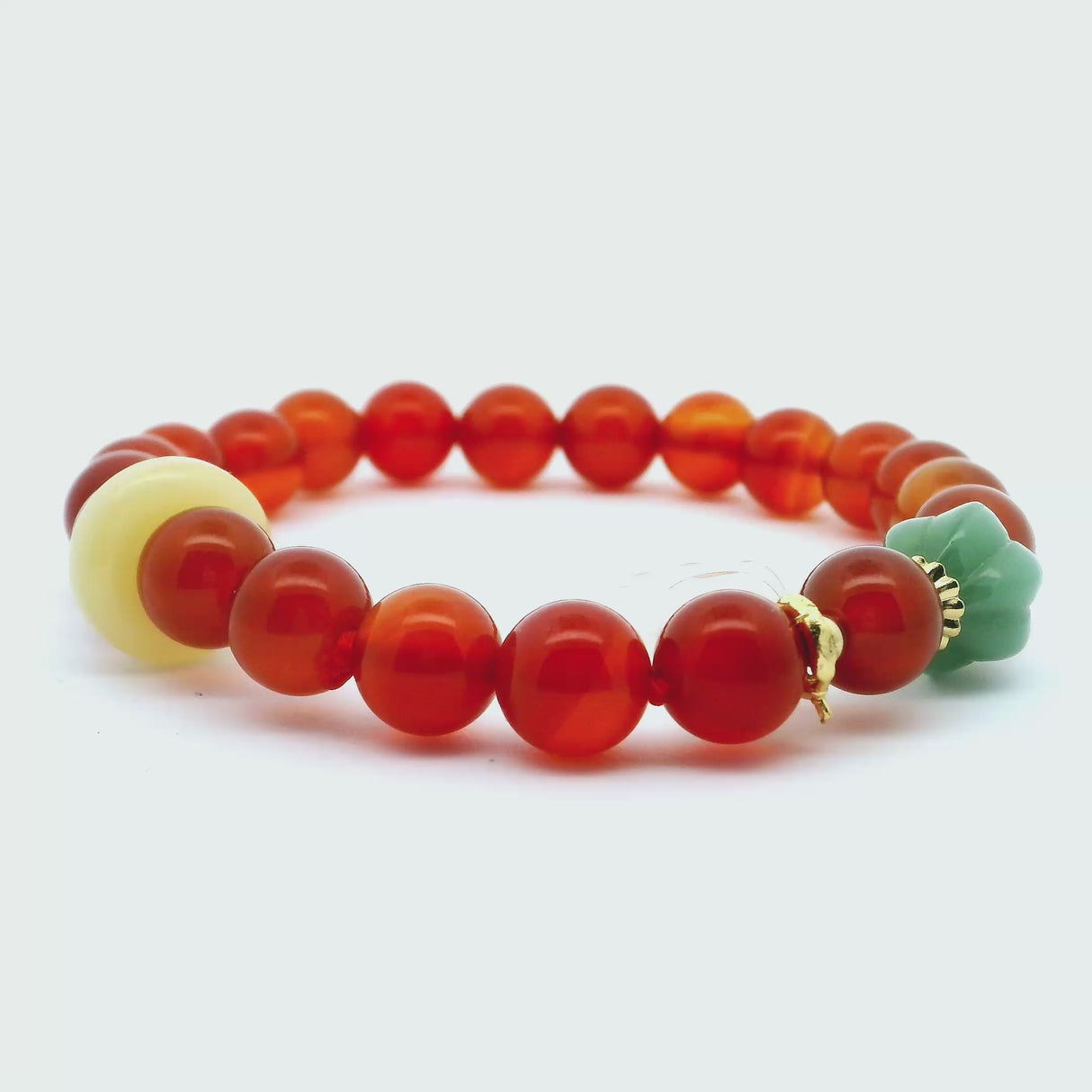 Carnelian with Aventurine & Butter Jade Beaded Bracelet with Quartz Paw Charm - 8mm Rounds