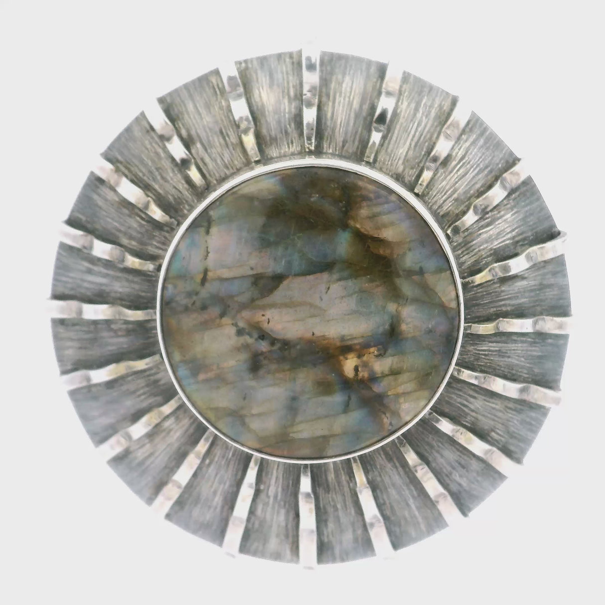 Labradorite Round Cabochon Pendant Bezel Set in Oxidized 925 Sterling Silver - Rays of Light Design