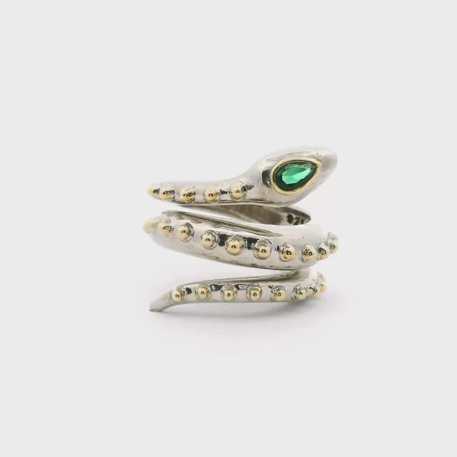 Nano Stone Ring - Wrap-around Silver Snake with Green Eyes & Beaded Accents in 925 Sterling Silver sz6