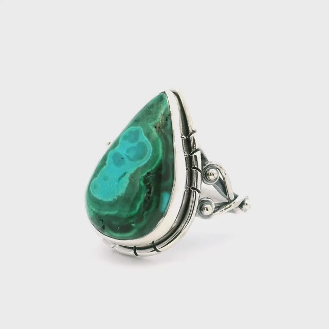 Chrysocolla Malachite Ring - Teardrop Cabochon With Aqua Blue Ghost And Double Band With Wishbone On Sides Bezel Set In 925 Sterling Silver sz5