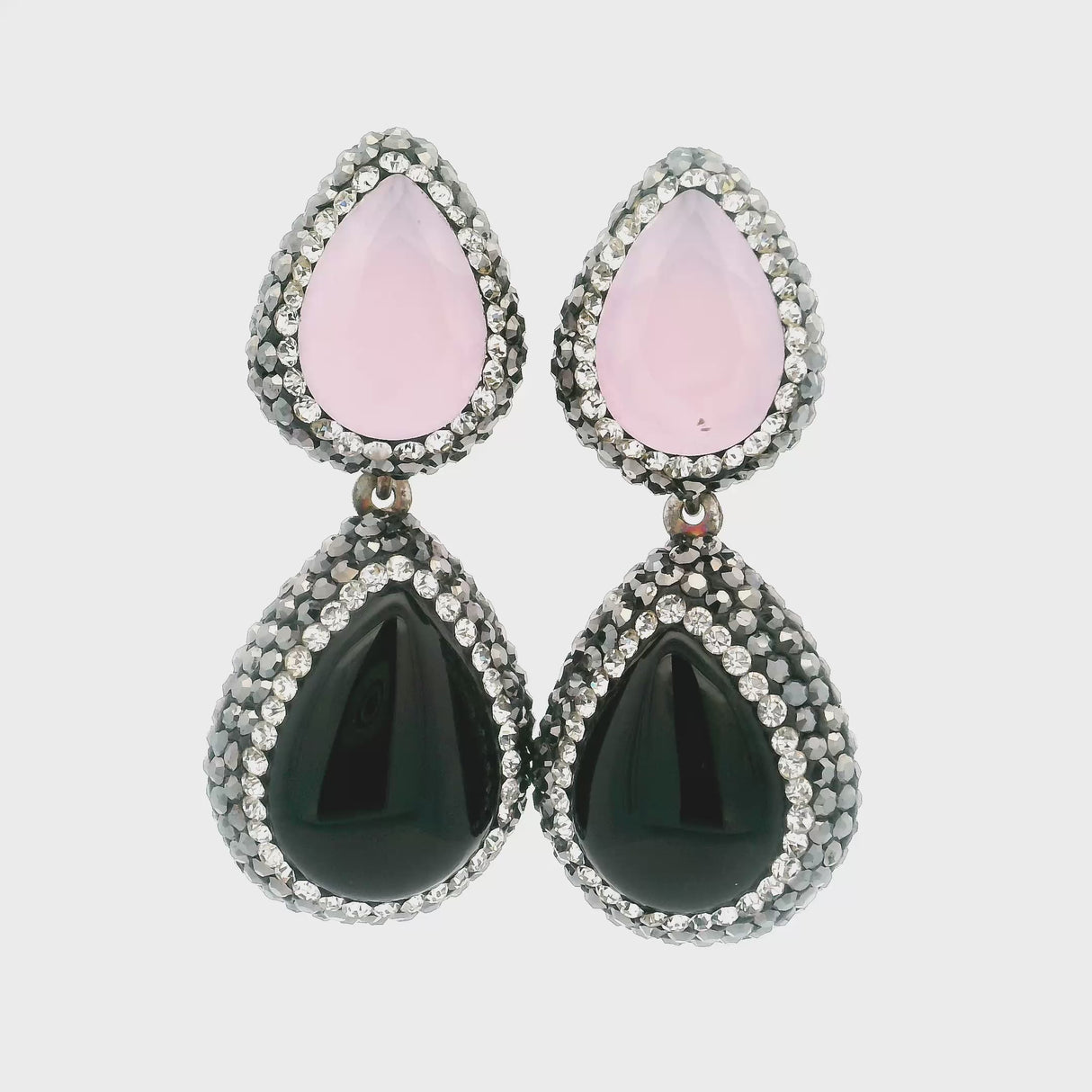 Rose Chalcedony & Black Onyx Earrings With Marcasite & Crystals