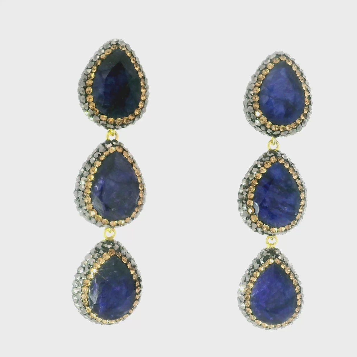 Blue Sapphire Dangle Earrings On-post - 3 Faceted Pears With Marcasite & Gold Swarovski Crystals & Gold Overlay