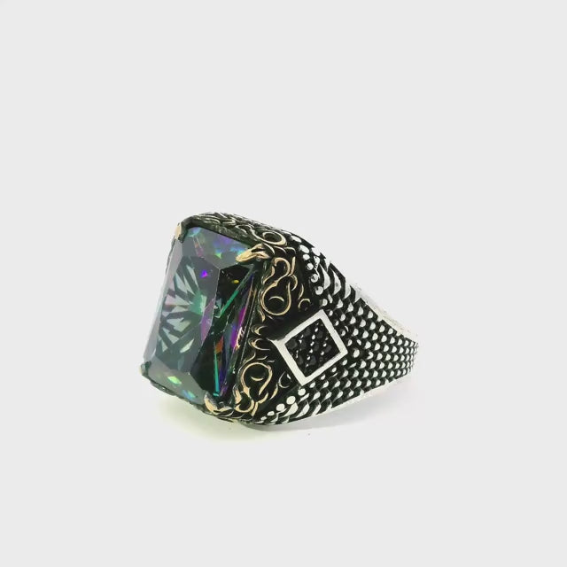 Mystic Topaz Ring - Faceted Rectangle Prong Set in 925 Sterling Silver with Gold Vermeil and Beaded Accents on Band sz11