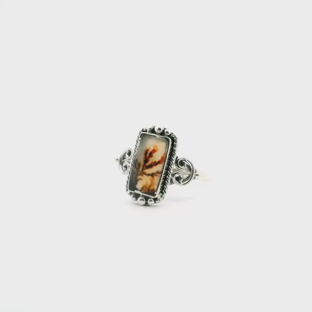 Dendritic Agate Ring - Rectangle Cabochon with Red-Brown Dendrites & Rope & Beaded Detail Bezel Set in 925 Sterling Silver sz10