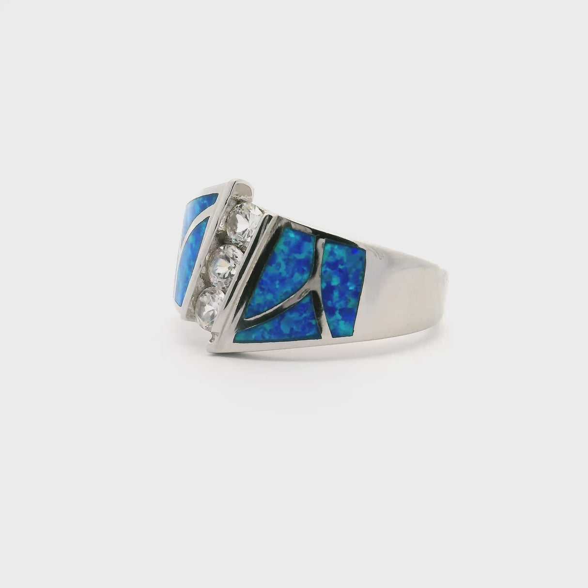 Blue Opal Inlay Art Deco Ring With 2 White Czs Stacked Sz10