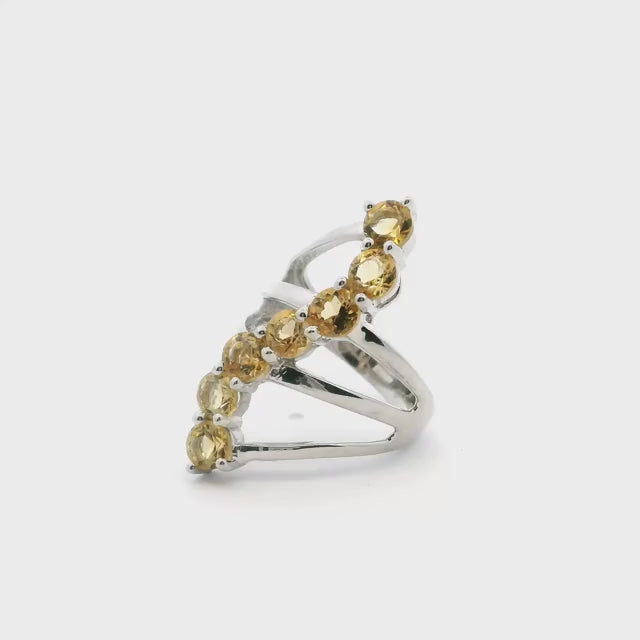 Citrine Ring - 7 Faceted Rounds in S-Shaped Design on Triple Band Prong Set in 925 Sterling Silver sz5