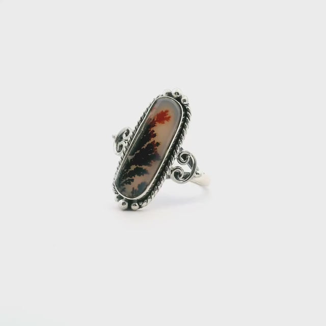 Dendritic Agate Ring - Rounded Rectangle Cabochon with Orange & Dark Brown Dendrites & Rope & Beaded Detail Bezel Set in 925 Sterling Silver sz7