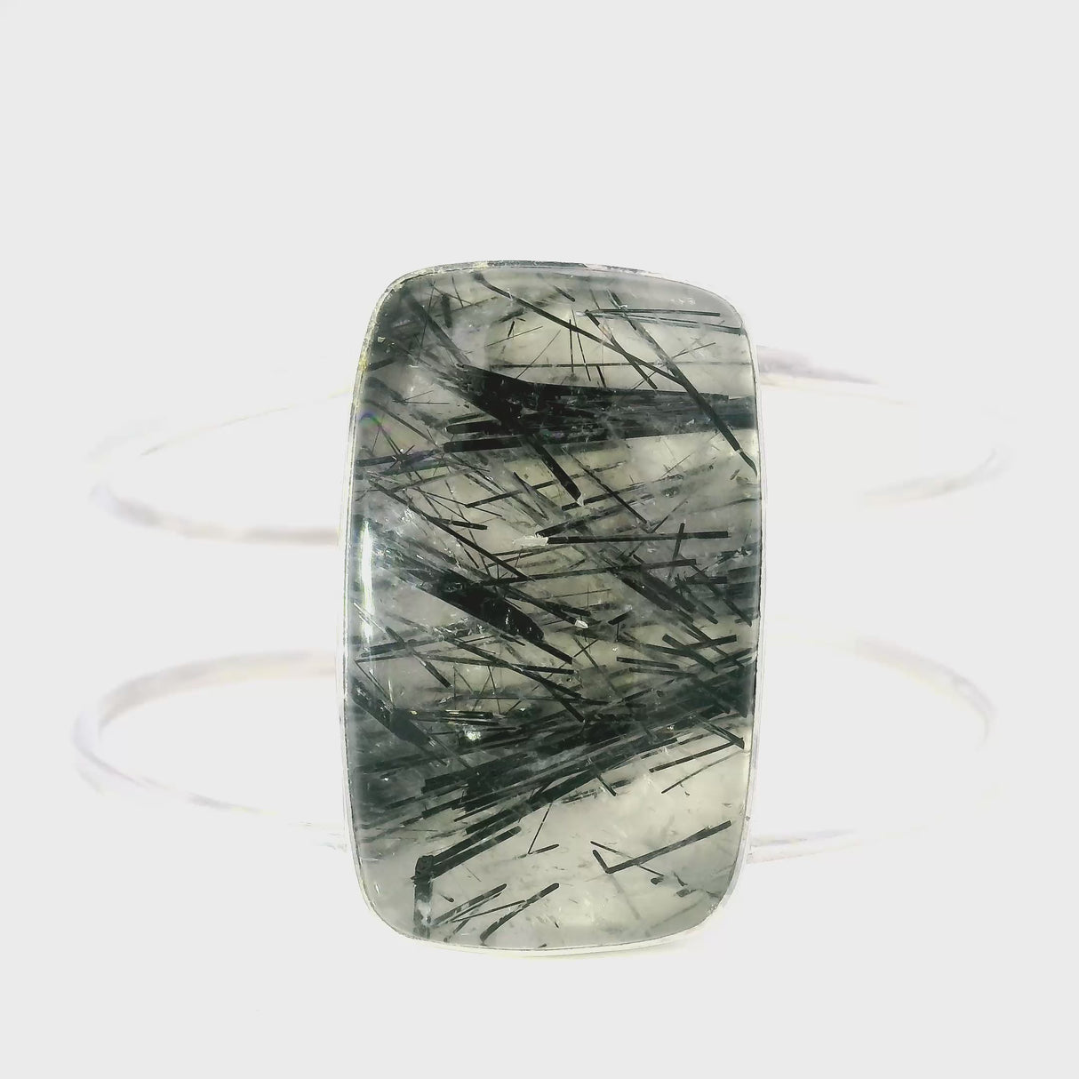 Black Tourmalated Quartz Classic Large Double Row Silver Cuff - Simple Bezel Set Polished Cabochon