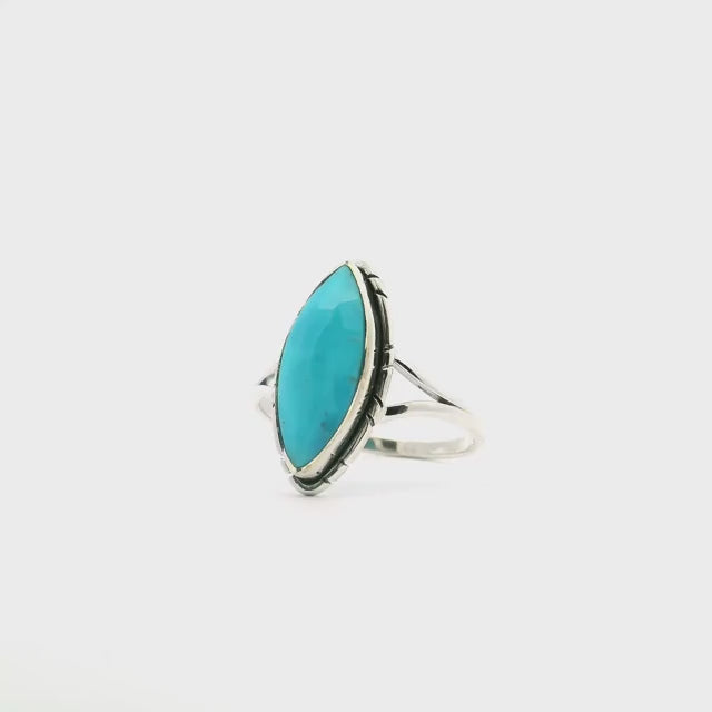 New Mexican Turquoise Ring - Faceted Sharp Oval Bezel Set with Stamped Line Detail & Double Band in 925 Sterling Silver sz9