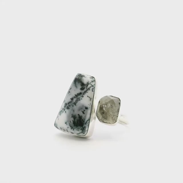 Dendritic Opal Ring - Trapezoid Cabochon with Herkimer Diamond Nugget Bezel Set in Open Adjustable Band in 925 Sterling Silver szAdj