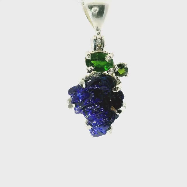 Azurite Druze Pendant - Rough Speciman Prong Set with Faceted Chrome Diopside Oval & Round Prong Set in 925 Sterling Silver