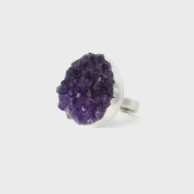 Amethyst Druze Ring - Round Freeform Nugget Bezel Set in Sterling Silver szAdj