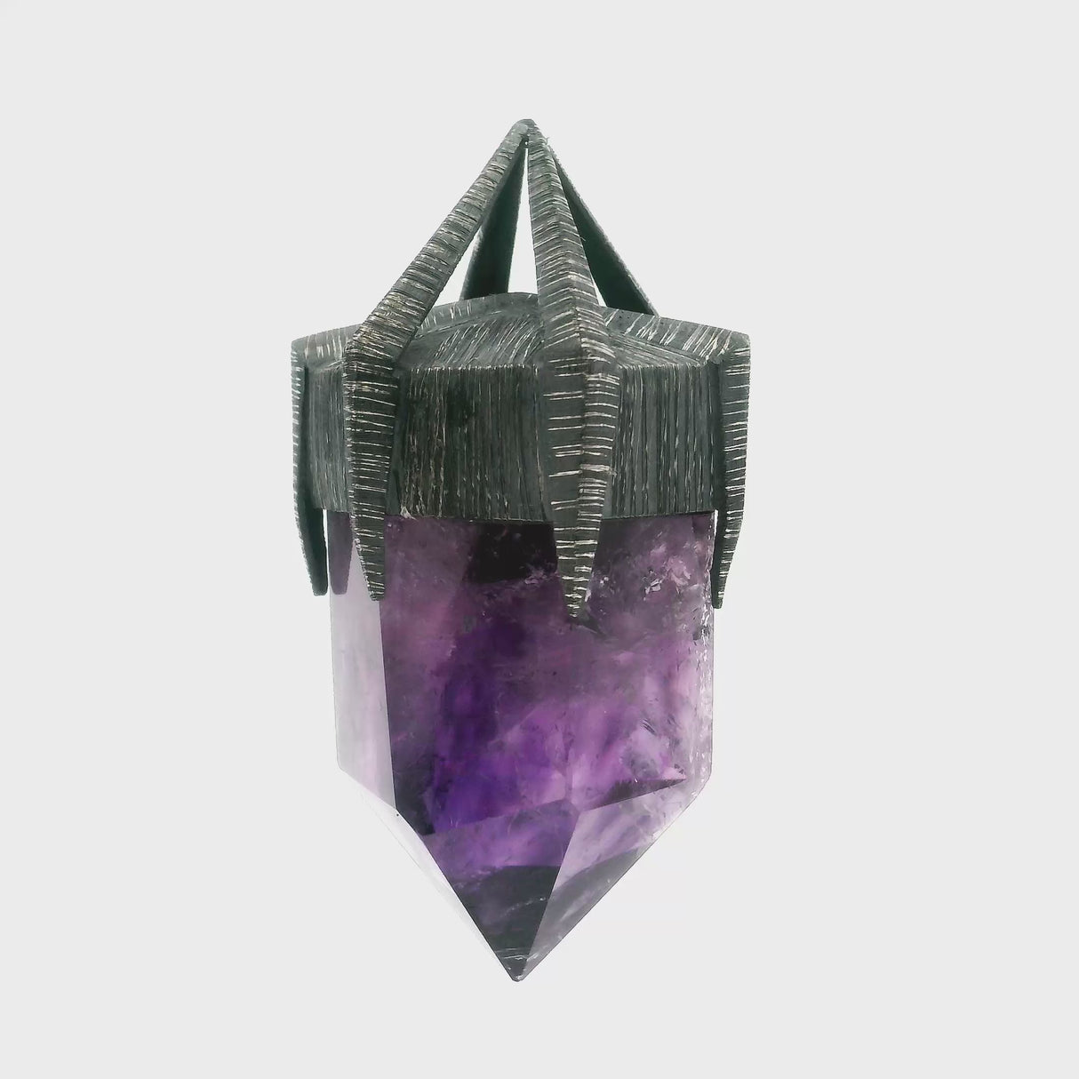 Amethyst Point on Oxidized 925 Sterling Silver Hexagon Lantern Bezel Set with Open Bail - Everest