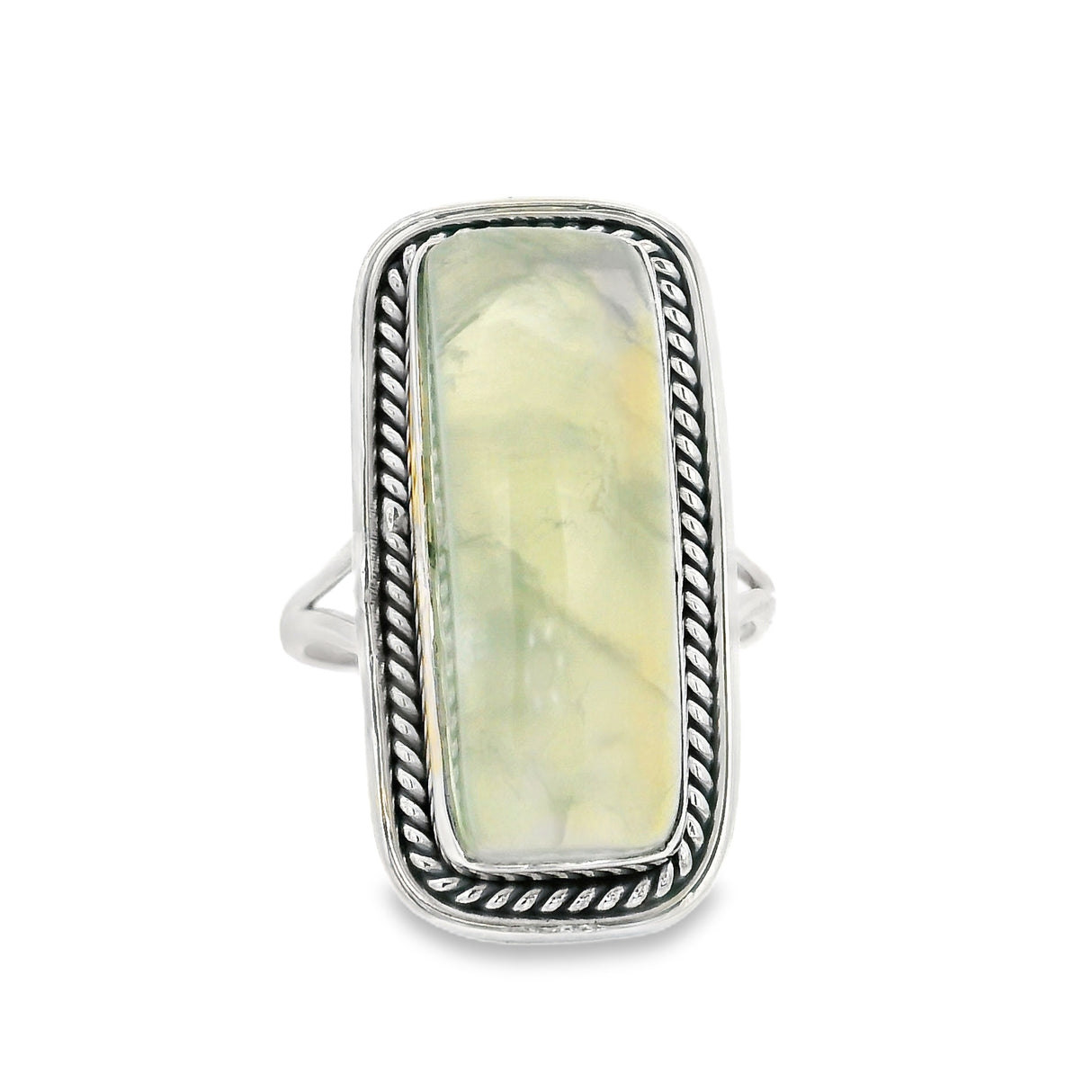 Prehnite Cabochon Ring - Rectangle Bezel Set in Rope Detail Band