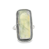 Prehnite Cabochon Ring - Rectangle Bezel Set in Rope Detail Band