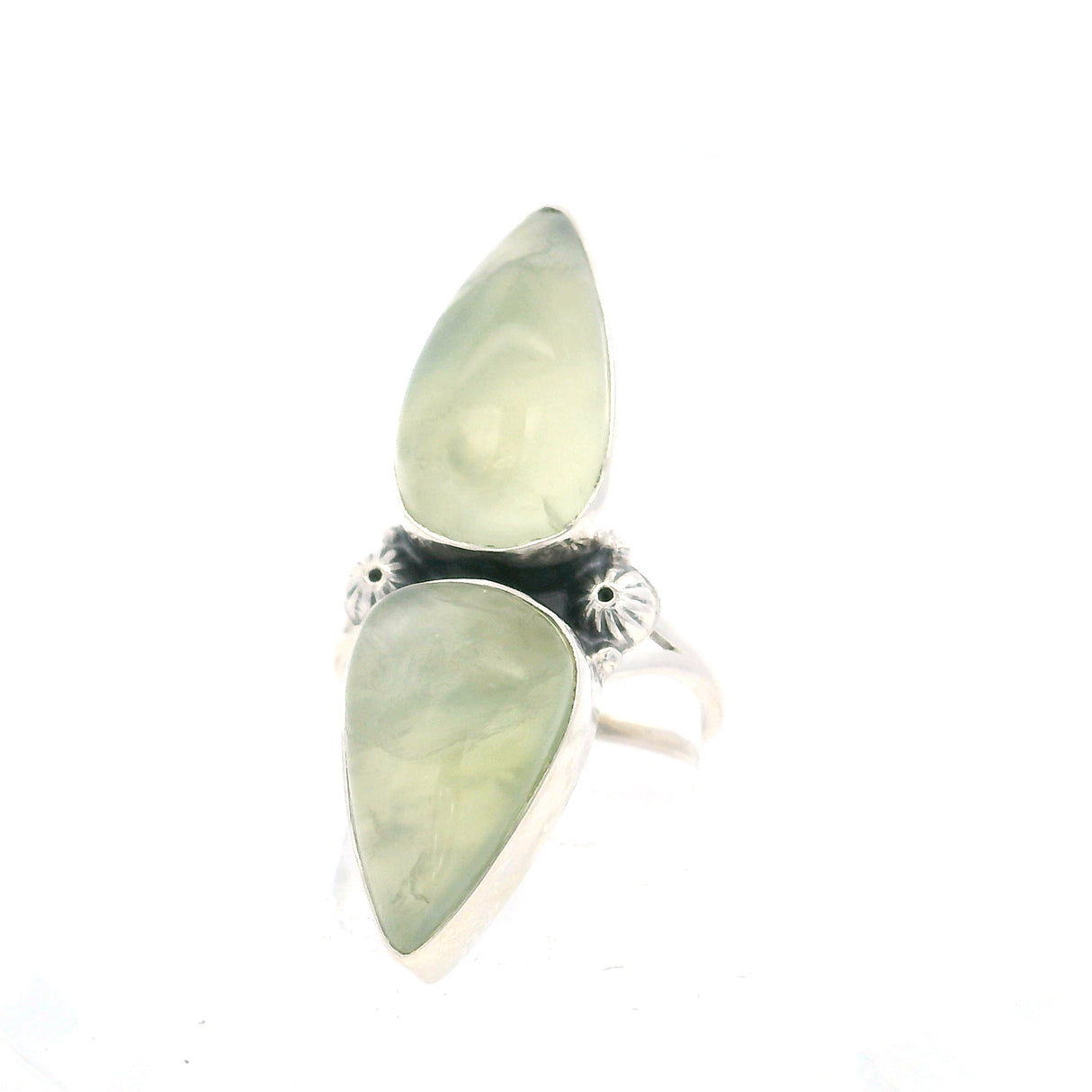 Prehnite Duo Teardrop Cabochon Ring with Silver Detail