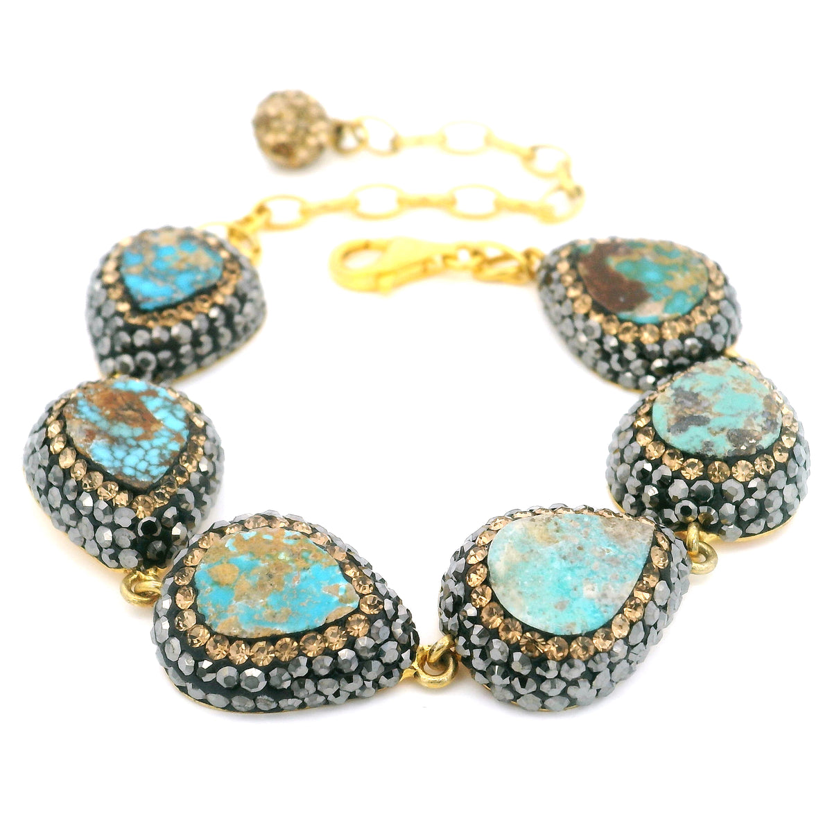 Bracelet à maillons en turquoise persane - 6 poires avec marcassite et cristaux Swarovski dorés et finition dorée